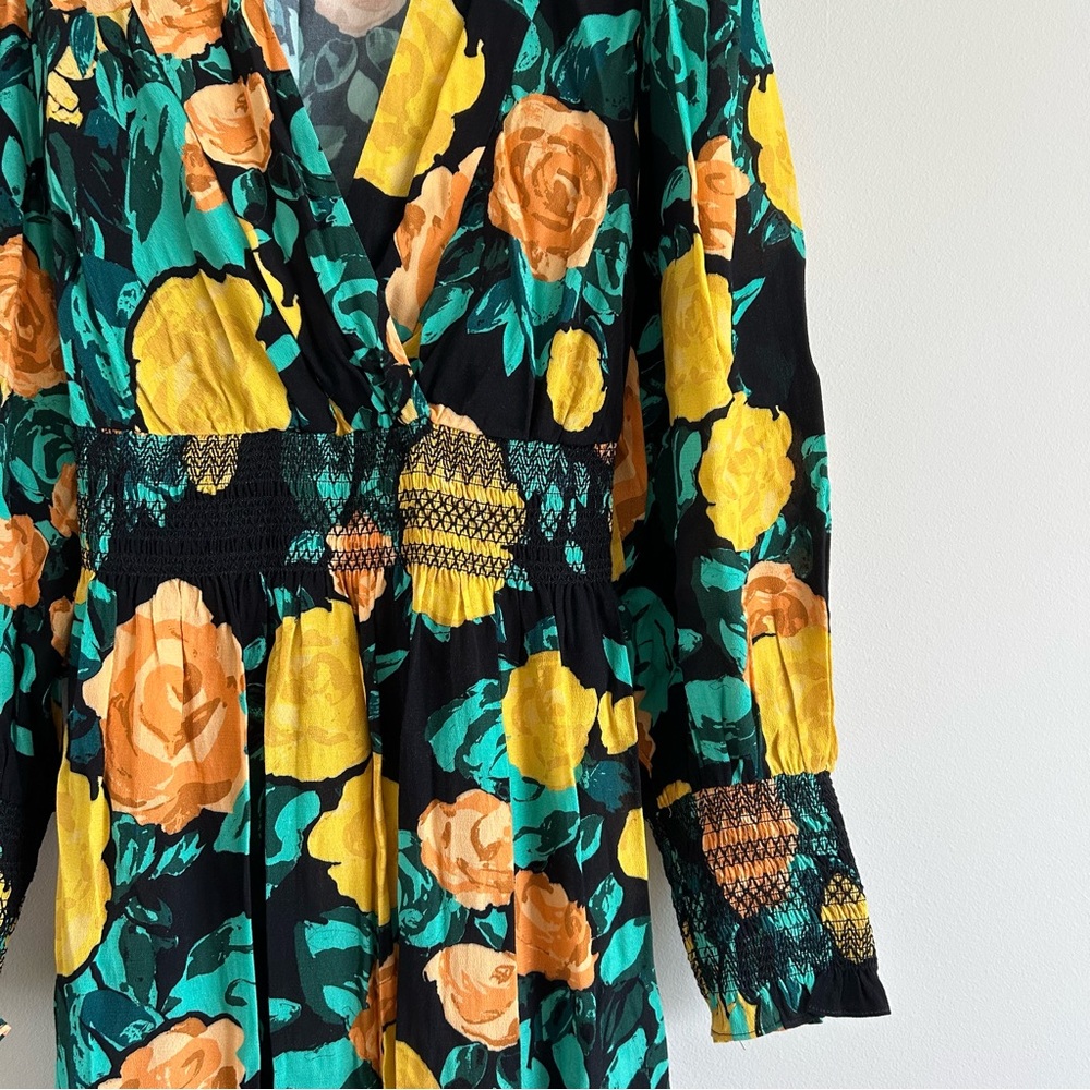 Anthropologie Floral Tie Back Midi Dress Green Long Sleeve V-Neck - Picture 4 of 9